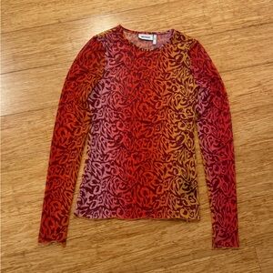 Weekday red orange swirl print long sleeve sheer top